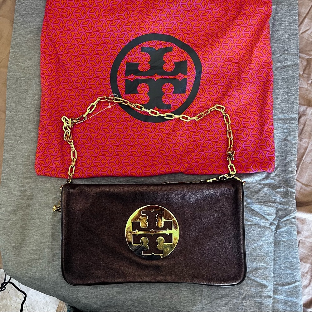 Tory Burch Brown Clutch Bag with Gold Accents